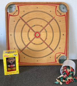 Vintage Carrom Board W/ Playing Pieces, (1) Mickey Mouse Bobble Head