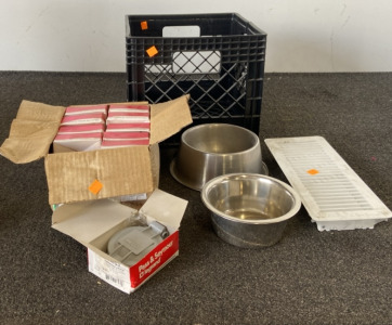 (10) Weatherproof Lift Covers, (1) White Metal Floor Register , (2) Pet Food Bowls