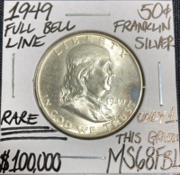 1949 MS68FBL RARE Full Bell Line Franklin Half Dollar