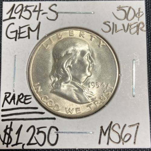 1954-S MS67 RARE Gem Silver Franklin Half Dollar