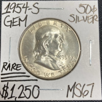 1954-S MS67 RARE Gem Silver Franklin Half Dollar