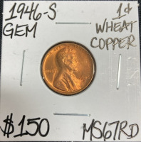 1946-S MS67RD Gem Wheat Copper Penny