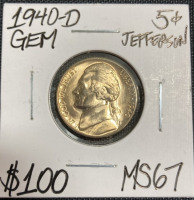 1940-D MS67 Gem Jefferson Nickel