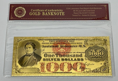 1878 $1000 Silver Dollar Certificate 99.9% Pure 24k Carat Gold Foil Banknote W/ COA