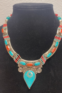 (1) Blue Turquoise + Red Coral Gemstone Necklace