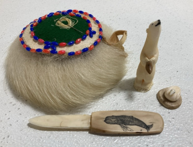 (3) Small Carved Ivory Items: Bear, Ptarmigan, (1) Animal Fur Pin Cushion