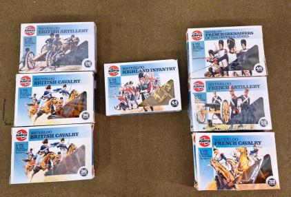 (7) AIRFIX, Waterloo 1/72 Scale Kits. (2) British Calvary (36) Piece Kits, (1) British Artillery (36) Piece Kit, (1) Highland Infantry (44) Piece Kit, (1) French Calvary (32) Piece Kit, (1) French Artillery (52) Piece Kit & (1) French Granadiers (48) Pie