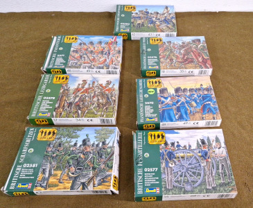 [7) Revell Napolenoic Wars 1/72 Scale Kits. (1) British Rifles (56) Piece (42) Figurine Kit, (1) British Life Guards (34) Piece (17) Figurine Kit, (1) British Infantry (49) Piece (48) Figurine Kit, (1) British Foot Artillery (68) Piece (15) Figurine Kit