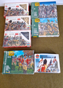 (7) Assorted 1/72 Scale Figurine Kits (2) American War Of Independence (1) Revell British Infantry (50) Figurine Kit & (1) AIRFIX British Grenadiers 1776 (36) Piece Kit, (3) ESCI Crimean War Kits & (2) Revell 7 Years War Kits