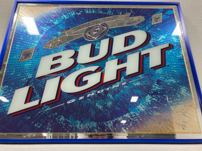 Antique Bud Light Mirrored Sign w/Custom Metal Frame