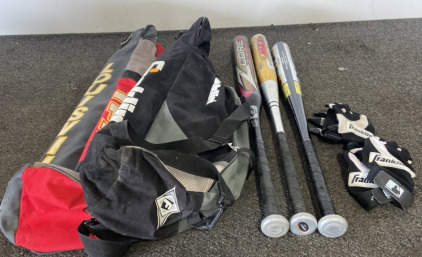 (3) Baseball Bats, (2) Baseball Bags, (2) Gloves