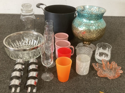 Kitchenware- (1) Planters Peanuts Vintage 1979 Embossed Mr. Peanut Glass Jar, (1) Crystal Bowl (4) Clear Wine Glasses (8) Silverware Cuffs And More