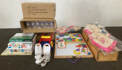 (3) Boxes of Pink Pacifier, (1) Vtech Baby Monitor (Cords Included) And More!