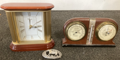 (1) Vintage Abercrombie & Fitch Co Hygrometer Barometer & Temperature 9.5&rdquo;x5.5&rdquo;, (1) Brass Like Mantle Clock 7.5&rdquo;x 7.5&rdquo;,(1) Horse Belt Buckle