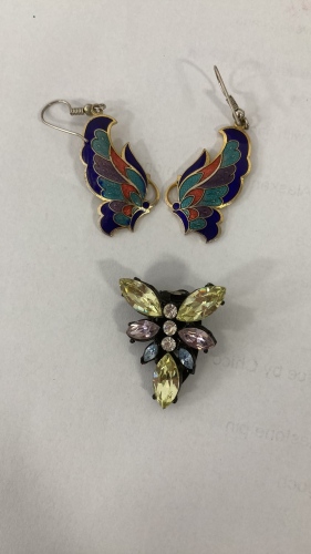 Butterfly Earings & Rhinestone Pin