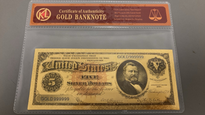 1886 99.9% 24k Gold Foil 5 Silver Dollars Banknote With COA