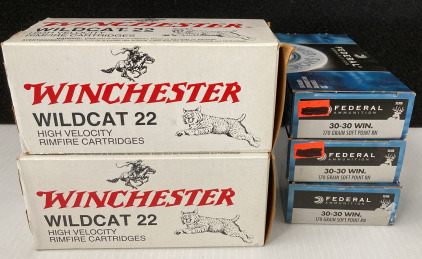 (1000) Rounds Winchester Wildcat 22 Long Rifle Bullets & (60) Rounds Federal Ammunition Power Shok 30-30 WIN