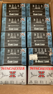 (10) Boxes of 16 Gauge 25 Shotshells: (7) Game Load, (1) Hi-Brass Load, (2) 8 Lead Shot