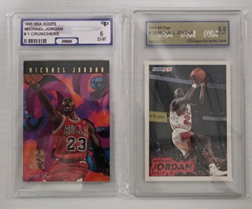 Michael Jordan 1995 NBA Hoops #1 Crunchers PPG Graded 6, Michael Jordan 93-94 Fleer USA Graded 8