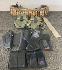 (4) Pistol Holsters, (2) 2 Pack Magazine Belt Holders, (2) US Ammo Pouches, And Avery Shot Shell Water Fowler Belt 25 Shell Capacity