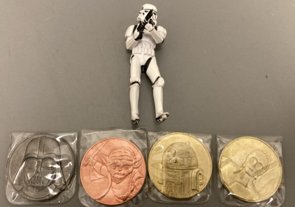 (4) 2005 Star Wars Coins and (1) Storm Trooper Figure