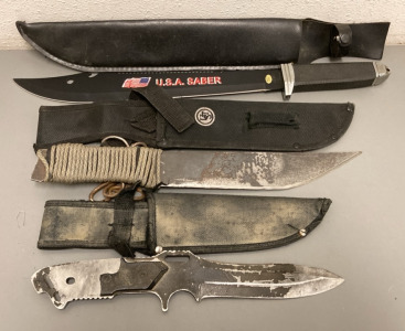 (3) Large Knives w/ Cloth Sheaths