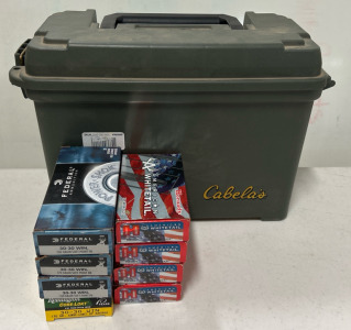 (1) Cabela’s Ammo Box (1) Box Of Remington 30-30 Win (170 GR. Core-Lokt Sp. Ammunition Cartridges (2) Boxes Of Federal 30-30 Win (150 GR Soft Point) Ammunition Cartridges (1) Box Of Federal 30-30 Win (170 GR Soft Point) Ammunition Cartridges (4) Boxes of 