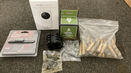 Wyze Indoor Camera, Ruger LCP Side Mount Laser, Universal Shotgun Tri-Rail Barrel Mount, Assorted Brass