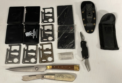 Bear & Son Pocket Knife, Vintage Wood Handle Knife, Small Multitool, Small Sheaths, (2) Foldable Card Shaped Pocket Knife, & (9) Credit Card Multitools