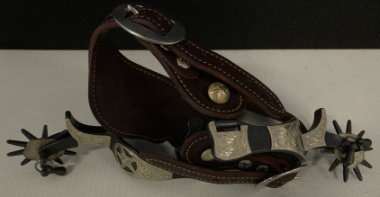 Western Style Pair of Silver & Leather Spurs