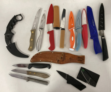 Vulcan Gear Karambit Knife, (2) Credit Card Knives, (9) Kitchen Knives, (3) Pairing Knives, Leather-like Sheath