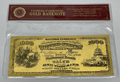 1875 $1000 99.9% 24k Gold Foil Banknote with COA