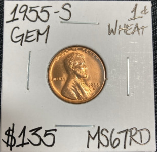 1955-S MS67RD Gem Wheat Copper Penny