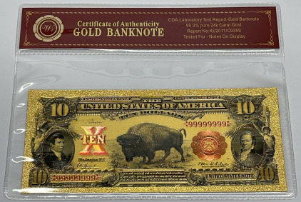 1901 $10 99.9% 24K Gold Foil Banknote With COA