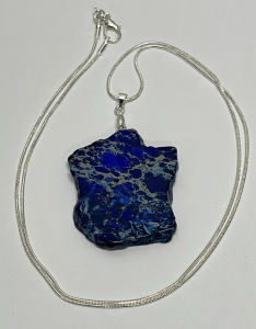 62.70ct. Dark Blue Sea Sediment Jasper Freeform Slice W/ Silver .925 Necklace