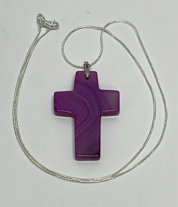 68.55ct. Purple Stripes Agate Cross W/ Silver .925 Necklace