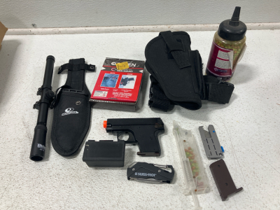 knife Sheath, Gun Holster, Airsoft BBs, Pellets, Scope, Clip Multitool, box Knife, and Magnetic Gun Mount