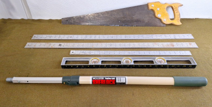 (1) Wooster Sherlock Extension Pole, 2' To 4', (1) 24" Level, (3) Metal Yardsticks (2) 36" (1) 24" (1) Handsaw & Bin Of Assorted Household Hardware