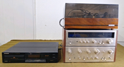 (1) Pioneer Stereo Tuner Model TX-8100, (1) Pioneer Stereo Amplifier Model SA-7100, (1) United Audio Record Player & (1) Pioneer PD-4300 CD Player