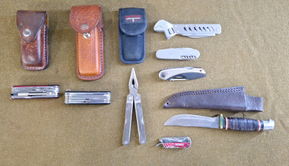 (2) Swiss Army Knives, (1) Leatherman, (1) Gerber Dime Mini Tool & More