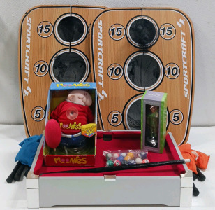 (1) Bean Bag Toss Game & Accessories (1) Miniature Pool Game With Balls & Stick (1) Moonless Toy & More
