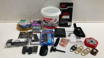 Bait Chunx, Hammer and Punch Set, Straight Link Chain, (2) Bench Blocks, Airgun Pellets, (4) Cigar Cutters, Pocket Knife and more