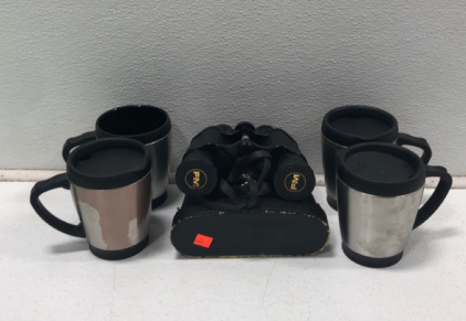 (1) Vintage FM Binoculars With Case (4) Stainless Steel Mugs