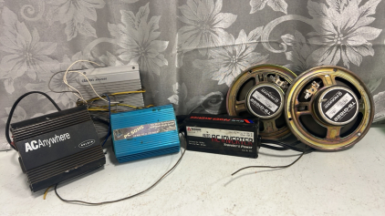 Assortment of Amps, Converters, Wires, Car Speakers (2x) and Electric Charcoal Lighter