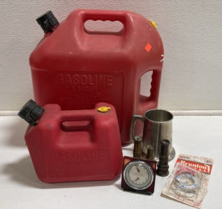 (2) Gas Cans: (1) 3.9L, (1) 18.9L, (3) Vintage Hose Nozzles, (1) Temp/Humidity Gauge, (1) Compass, (1) The Kings Tankard Cup