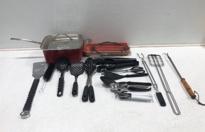 (1) 4 Piece Steamer/Deep Fryer & An Assortment Of Cooking Utensils