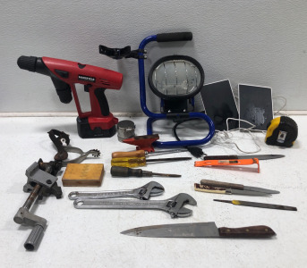(1) Mansfield Drill (1) Work Light (2) Solar Panel Chargers & Much More