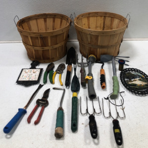 (2) Wooden Buckets (2) Outdoor Decor & An Assortment Of Gardening Tools