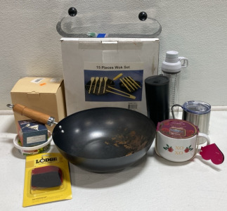 Small Wok and Wok Set, Heated Coffee Mug, Mug Cake Kit, Funnel, Pan Scrapers, Mounted Paper Towel Holder and more