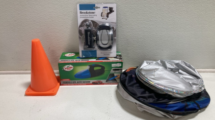 (2) Windshield Shades, Telescoping Phone Holder, Handheld Vacuum, Set of 4 Small Cones